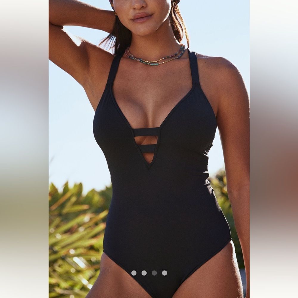 Anthropologie SeaFolly Black Active Deep V One-Piece Swimsuit US 6 & 12